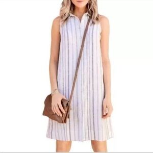 GARNET HILL 100% Linen white gray pink stripes button sleeveless shirt dress 14